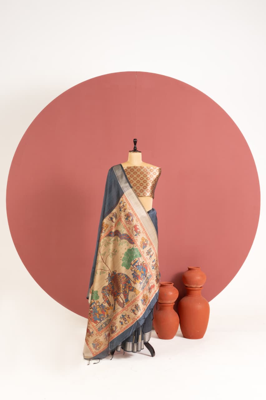 Deep Maroon Soft Khadi Raw Silk Kalamkari Saree